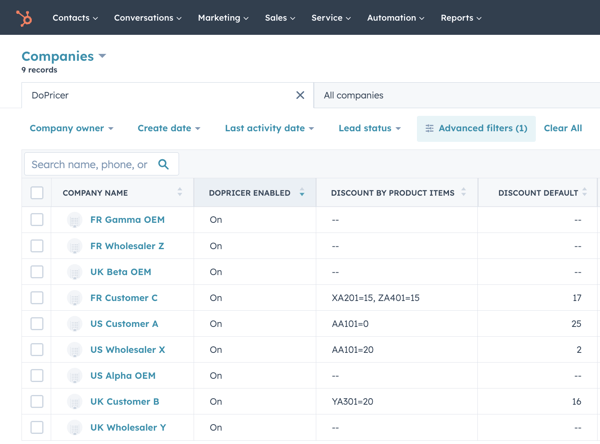 DoPricer Company table view in HubSpot 