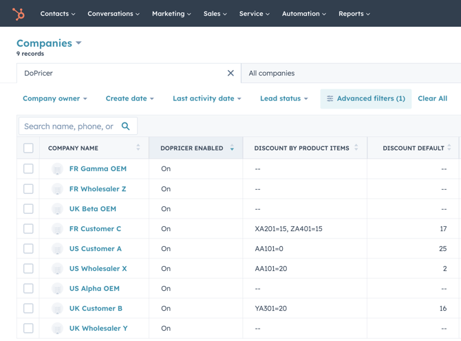 DoPricer Companies Table View