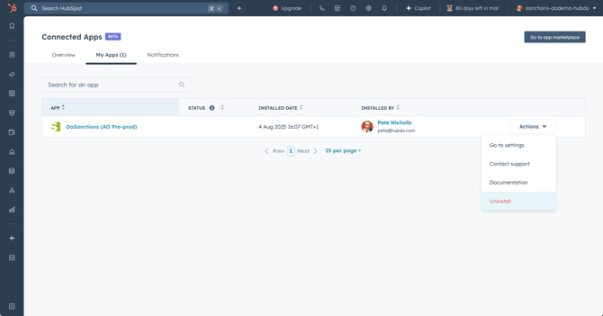 Uninstall - initiate in Settings - DoSanctions