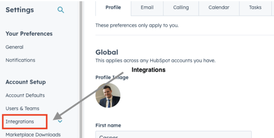 Click on Integrations in your HubSpot account