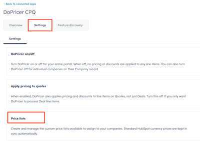 DoPricer App Settings screen