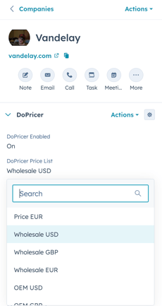 DoPricer drop-down of price lists on Company record