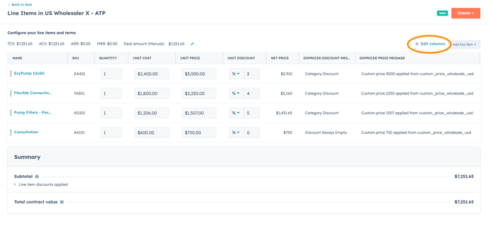 DoPricer line items - edit columns to add Pirce Message