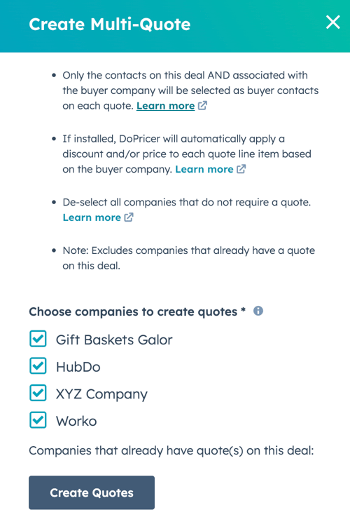 Companies listed on the Multi Quote