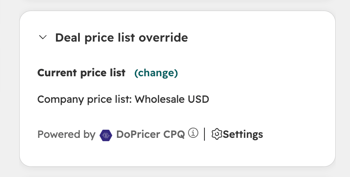 The Deal price list override card on a Deal record, showing the current price list and the (change) link