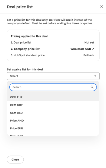 The Deal price list panel, showing the pricing applied to the Deal and the list of price lists to choose from