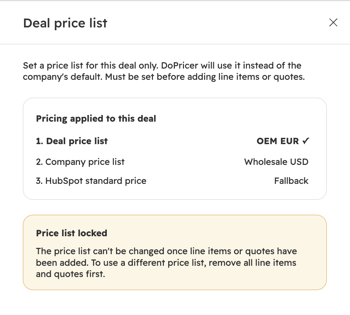 The Deal price list panel showing the Price list locked message