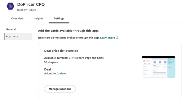 The Deal price list override card in the DoPricer App cards settings, with the Manage locations button