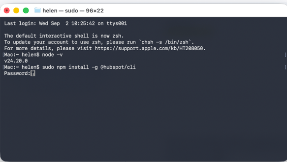 Terminal right after typing the HubSpot CLI install command, with the install just starting to run