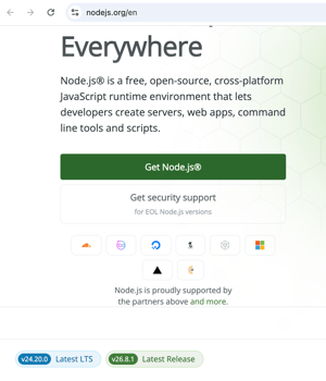 The nodejs.org download page, with the green macOS Installer (.pkg) button to click