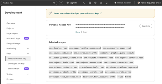 Browser page HubSpot opens for generating a CLI Personal Access Key, with the portal and permission scopes visible
