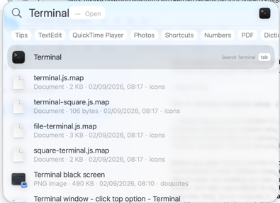 Spotlight search open, with Terminal typed and showing as the top search result