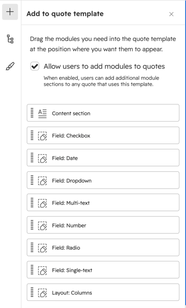 The quote editor's left-side module picker panel, showing all available DoQuotes modules listed and ready to drag and drop