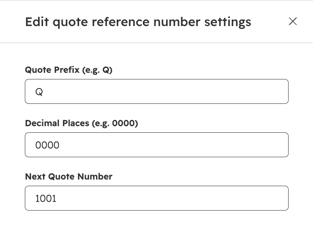 Quote reference settings panel, showing Quote Prefix, Decimal Places, and Next Quote Number fields filled in