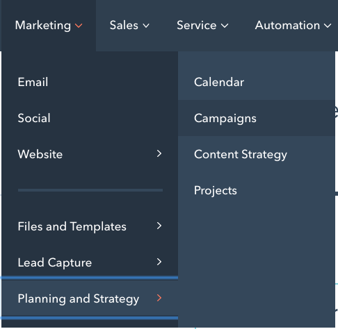 HubSpot Menu Screenshot Campaigns Tool