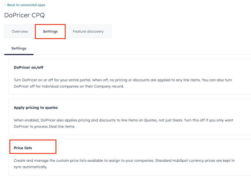 DoPricer App Settings screen