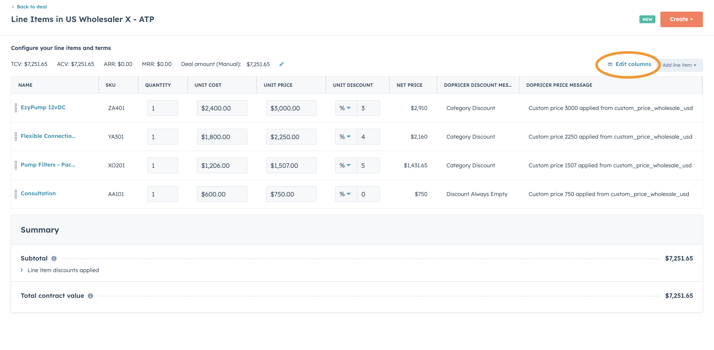 DoPricer line items - edit columns to add Price Message