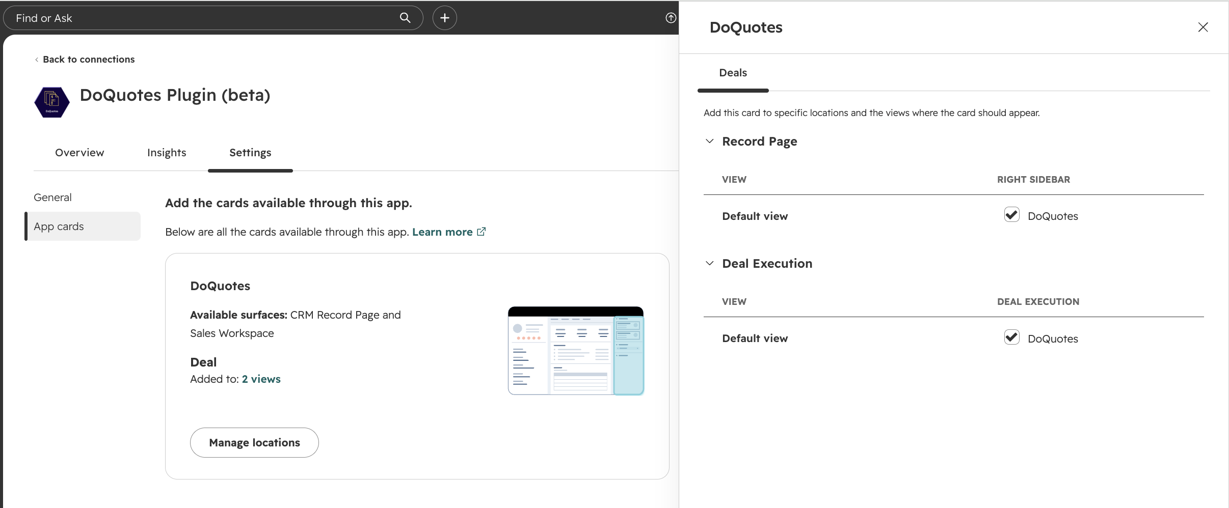 App cards tab, Manage locations panel with Deals view checkboxes ticked