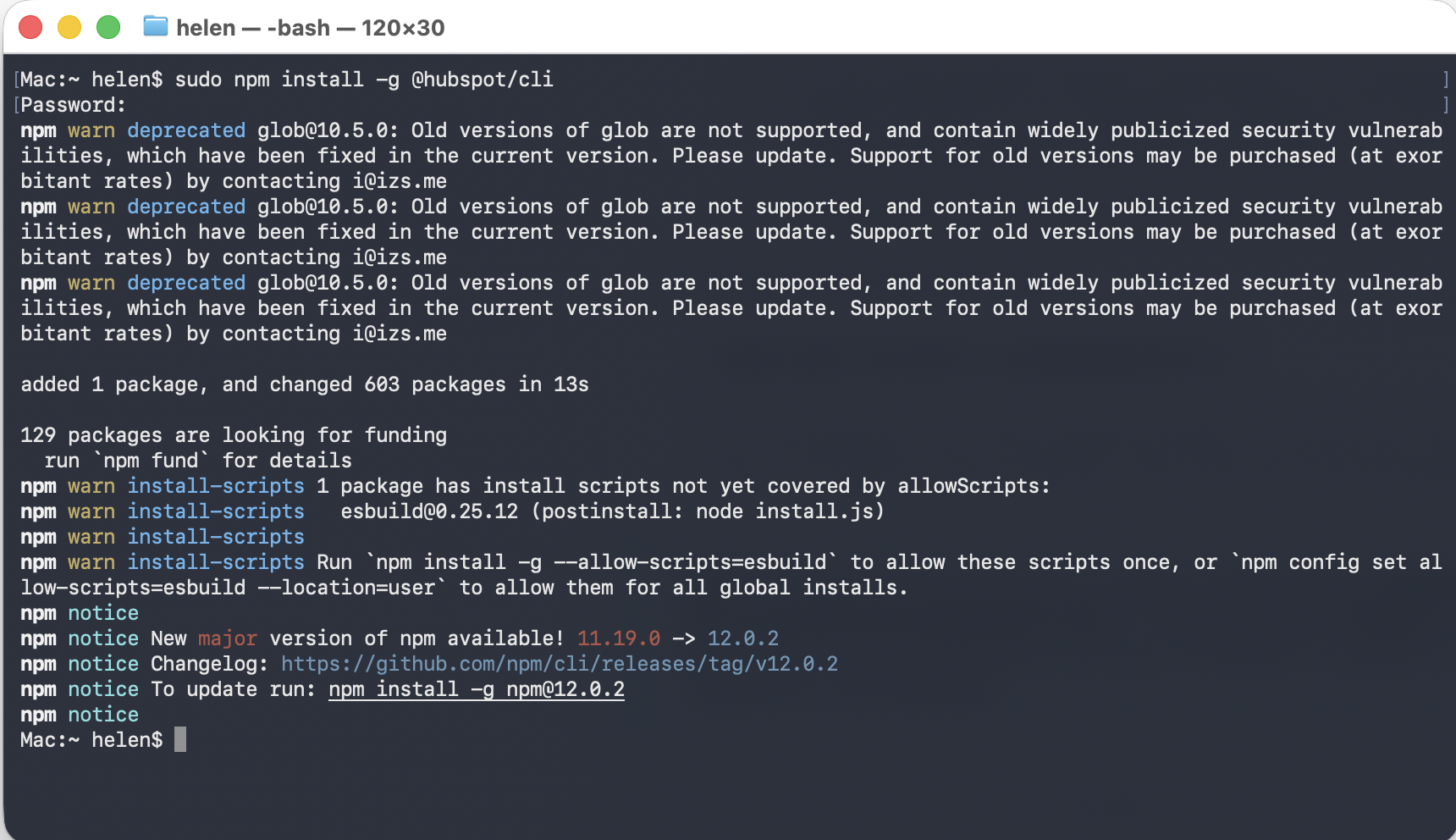 Terminal once the HubSpot CLI install has finished, showing success output