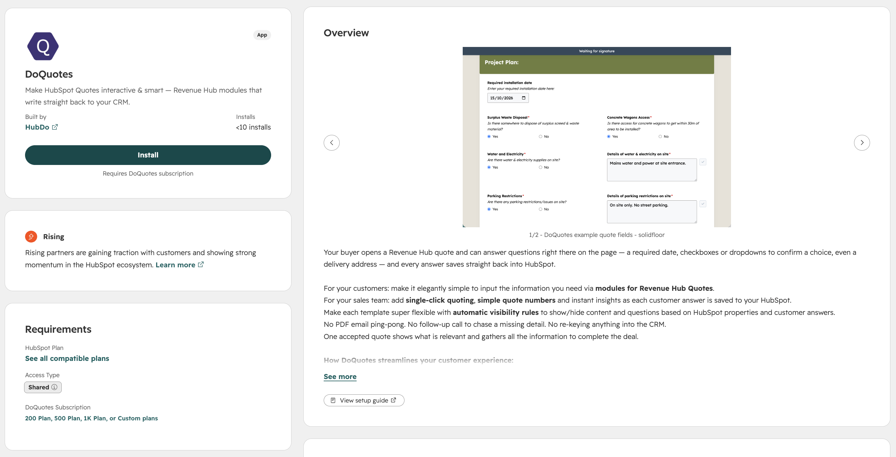 The DoQuotes listing on the HubSpot App Marketplace, with the Install button visible