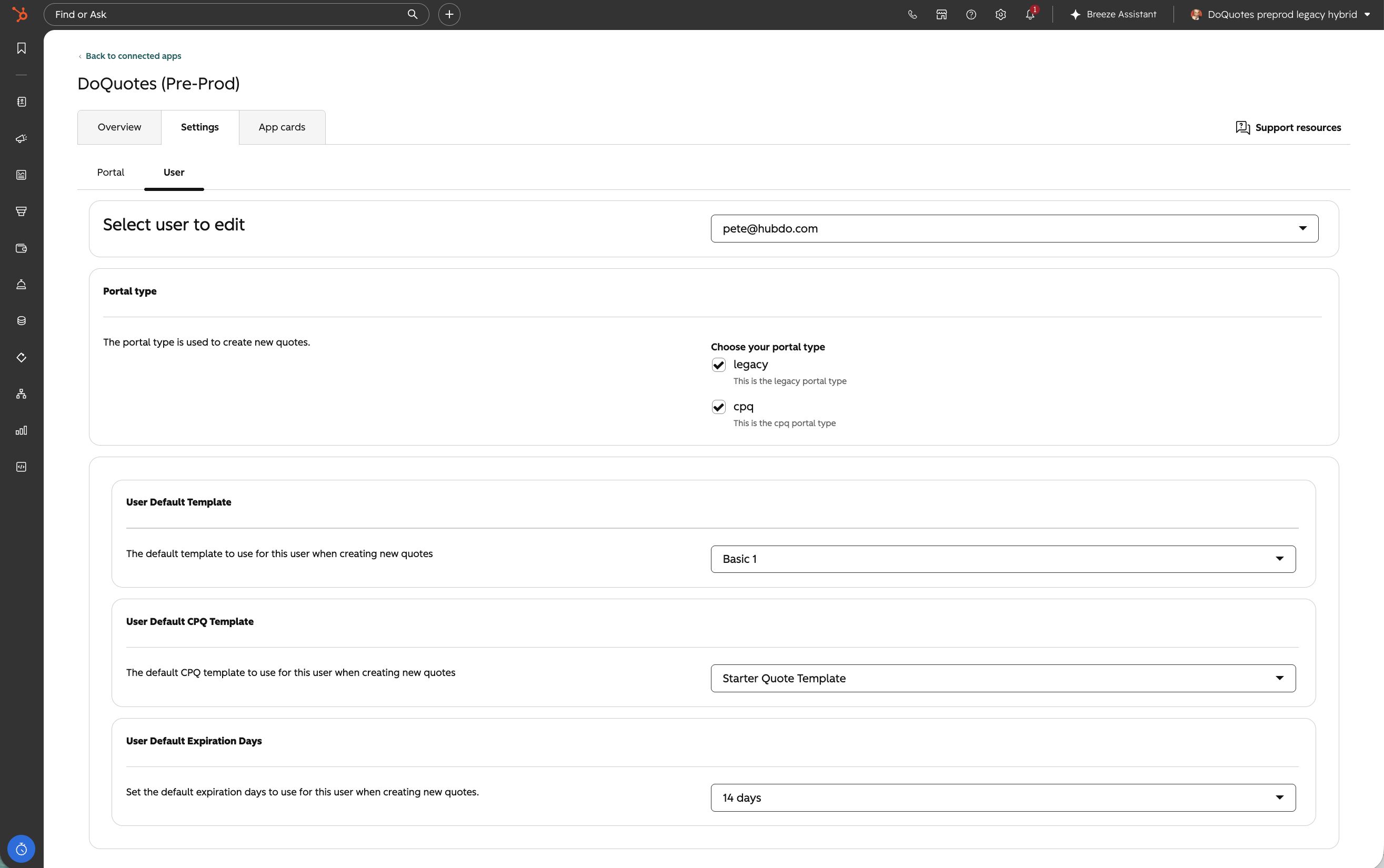 DoQuotes settings showing the default quote template and expiration date fields
