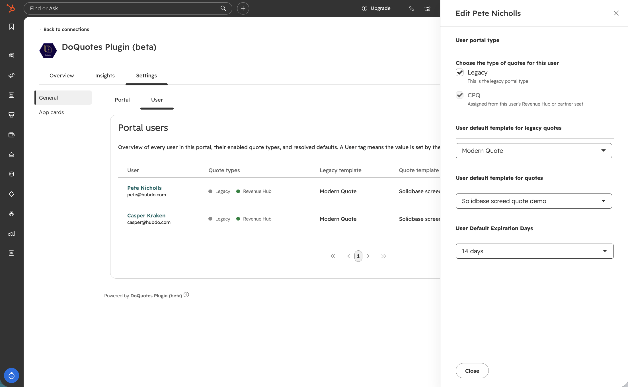 DoQuotes settings, User tab, quote template and expiration date dropdowns